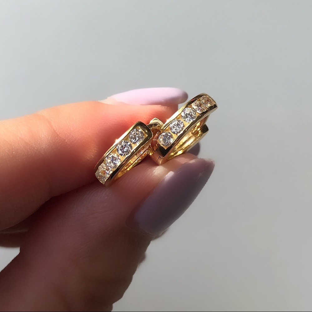 3mm Thick CZ Huggie Hoops, Thick Diamond Huggie, 14k Gold Plated Sterling Silver